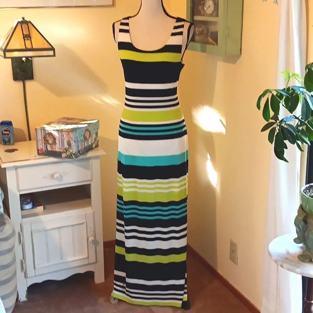 Jessica Howard Elegant Black, Citron, Turquoise and Cream Maxi